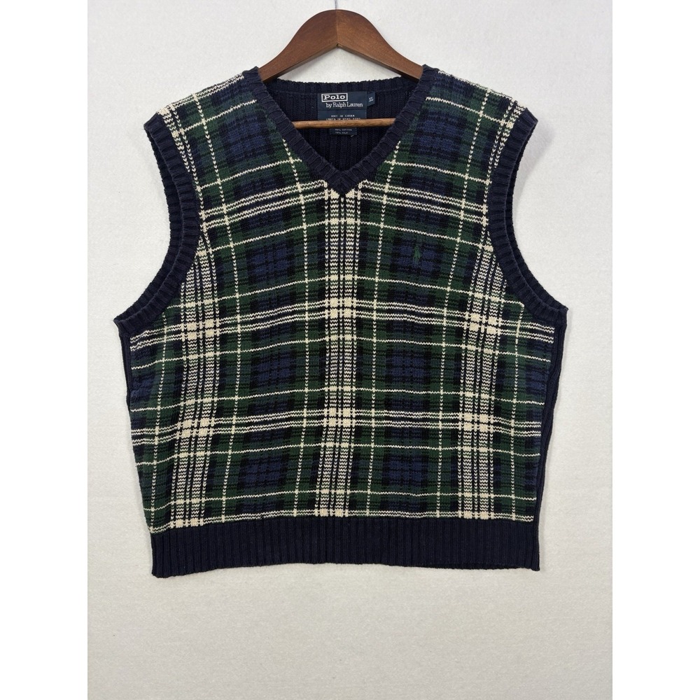 VTG Polo Ralph Lauren Knit Sweater Vest Plaid Pony Academia Green‎ Navy Prep XL